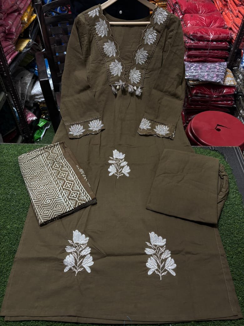 Brown Designer Cotton Suit Set with Dupatta